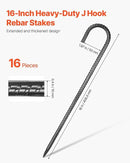 VEVOR Rebar Stakes, 16-Inch, Heavy-Duty 0.4 in Diameter J Hook, Galvanized Steel Ground Anchors with Chisel Point End & Rust-Resistant Coating, for Gardening Support, Fence, Camping Tents (16-Pack) by CozyNest Decor