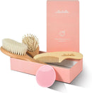 4 Piece Wooden Baby Hair Brush and Comb Set for Newborns & Toddlers in Chic Gift Box - Ultra Soft Natural Goat Hair and Wood Baby Brush Set Prevents Cradle Cap - Perfect Registry Gift (Pink) by TinyTreasures Baby Boutique