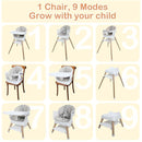 9 in 1 Convertible Baby High Chair with Booster, Wooden Highchair for Babies and Toddlers with Adjustable Tray & 5-Point Harness, Multi-Functional Growing Seat for Feeding, Learning & Play, Gray by TinyTreasures Baby Boutique