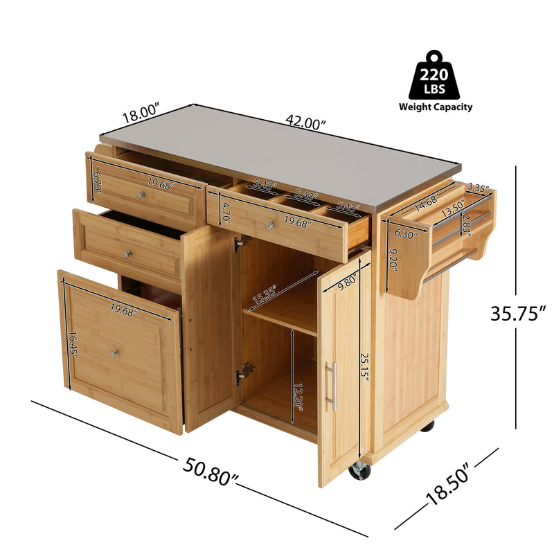 Indoor Bamboo Rolling Kitchen Island with Stainless Steel Top, photo 5 of 10