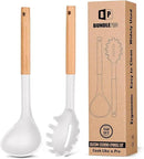 Silicone Pasta Fork and Ladle Spoon Set with Wooden Handle, Heat Resistant Non Stick Kitchen Utensils for Cooking, Stirring, Serving Spaghetti, Soup, Sauce(WHITE) by CozyNest Decor