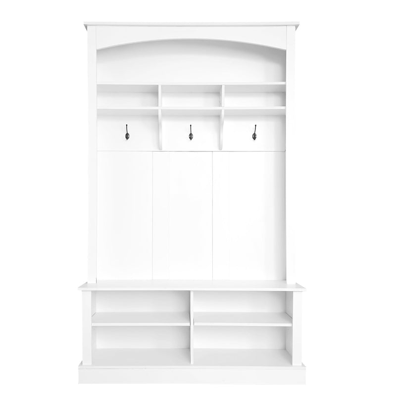 47.2" Wide Hall Tree with Bench and Shoe Storage, Multi-functional Storage Bench with 3 Hanging Hooks & Open Storage Space, Rectangle Storage & Shelves Coat Rack for Hallway, White