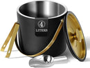 4L Ice Bucket with Silicone Lid, Scoop, Gold Tongs & Strainer, Stainless Steel Double Wall Insulated Ice Buckets for Parties & Cocktail Bar Outdoor Champagne Ice Container Bin, Black by CozyNest Decor