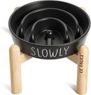 Ceramic Puzzle Slow Feeder Dog Bowl - 0.6 Cup Elevated with Wood Stand for Small Breeds, Black by CozyNest Decor