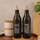 HOMCDALY Olive Oil and Vinegar Dispenser Set, Ceramic Oil and Vinegar Bottles with Bamboo Tray, 16.9oz Kitchen Cruet - Set of 2 - Black by CozyNest Decor