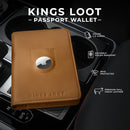 Kings Loot Passport Holder Wallet | RFID Blocking Leather Travel Wallet with Built-in Airtag Holder | Holds 1-6 Cards & Passport | Easy Pull Tab | Travel Wallets (Cognac) by TinyTreasures Baby Boutique