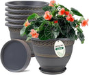 6 Pack 8 Inch Plant Pots, Plastic Flower Pot for Indoor & Outdoor with Drainage Holes & Saucer, Plaid Pattern Planters Garden Pots for Herbs by CozyNest Decor