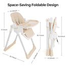 3-in-1 Foldable High Chair for Babies & Toddlers – Adjustable Height, Reclining Seat, 5-Point Safety Harness, Removable Tray, Lockable Wheels and Washable Cushion, Beige by TinyTreasures Baby Boutique