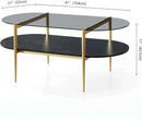 Oval Glass Coffee Table, Mid-Century Modern Design, L41 x W21 x H17 inch, for Living Room, Grey Glass Top, Black Marble Finish Wood Shelf & Gold Finish Frame by CozyNest Decor