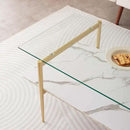 Rectangle Coffee Table for Living Room, Mid-Century Modern Design, L41 x W21 x H17, 2-Tier Structure, Clear Glass Top and White Marble Finish Wood Shelf, Conical Legs with Gold Finish by CozyNest Decor