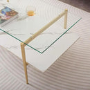 Rectangle Coffee Table for Living Room, Mid-Century Modern Design, L41 x W21 x H17, 2-Tier Structure, Clear Glass Top and White Marble Finish Wood Shelf, Conical Legs with Gold Finish by CozyNest Decor
