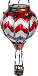 Hot Air Balloon Solar Lantern with Flickering Flame, Glass Hanging Garden Lights Outdoor Waterproof for Tree Yard Patio Mother's Day Gift, 18" H Wavy-Blue Red White by GreenHaven Gardens