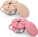 BUSOHA 2 Pack Stainless Steel Toddler Snack Cups - 9 OZ Spill-Proof Baby Snack Containers with Silicone Catcher and Lid Travel Snack Containers for Kids Dishwasher Safe Food Grade Silicone by TinyTreasures Baby Boutique
