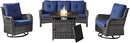 Outdoor Patio Furniture Set with 50000BTU Propane Fire Pit Table, 4 Pieces Wicker Patio Conversation Set with 2 Swivel Rocker Glider Chairs Rattan Sofa Blue Cushion Perfect for Gathering by GreenHaven Gardens