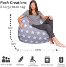 Posh Creations Bean Bag Chair for Kids, Teens, and Adults Includes Removable and Machine Washable Cover, Canvas White Stars on Gray, 48in - X-Large by TinyTreasures Baby Boutique
