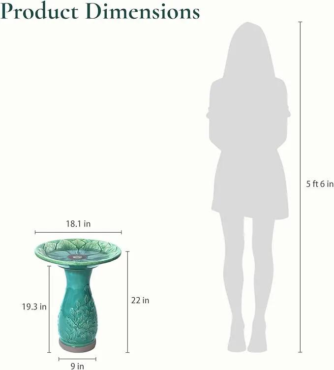 LuxenHome 23 Inch Ceramic Bird Bath for Outside, Elegant Tall Outdoor Bird Bath, Lightweight Pedestal Glazed Birdbaths for Outdoors with Floral Embossed Design, Jade Green, photo 2 of 7