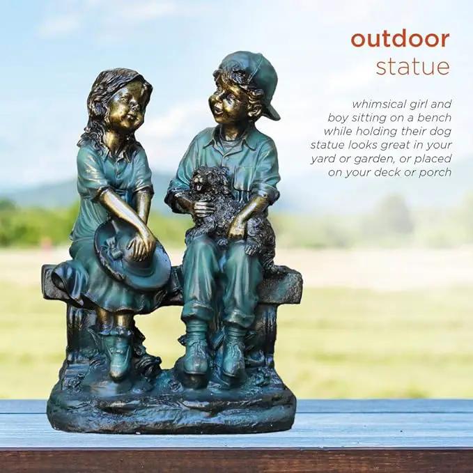 Alpine Corporation 16" Tall Indoor/Outdoor Girl and Boy Sitting on Bench with Puppy Statue Yard Art Decoration, photo 7 of 7