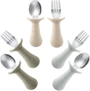 PandaEar Baby Toddler Fork and Spoon Utensil Set, 6 Pack Silicone Stainless Steel Silverware Spoon Fork for Babies Toddler, BPA Free with Silicone Holding Anti-Choke Design (Light Tan&Walnut&Grey) by TinyTreasures Baby Boutique