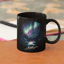 Customized Name Coffee Cup 11oz 15oz, Personalized Northern Lights Landscape Mug, Scenic Mountain And River Black Cup, Custom Northern Lights Inspired Ceramic Mug, Gift For Women by CozyNest Decor