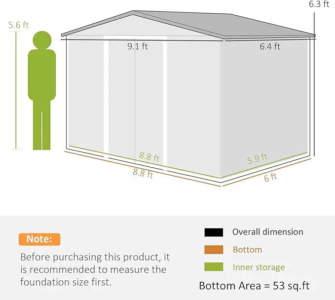 Outsunny 9' x 6' Outdoor Storage Shed, Garden Tool Metal Shed with Foundation Kit, Double Lockable Door, Air Vents and Sloping Roof, for Backyard, Patio, Lawn, Green, photo 7 of 9