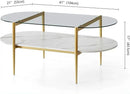Oval Coffee Table, Mid-Century Modern Design, L41 x W21 x H17 inch, for Living Room, Clear Glass Top, White Marble Finish Wood Shelf & Gold Finish Frame by CozyNest Decor