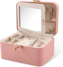 KAMIER Jewelry Boxes for Women, 2 Layers PU Leather Travel Jewelry Box, Large Capacity, Double Lock and Large Mirror, Hidden Necklace Hooks, Removable Dividers, Gift Box Packaging, Pink by TinyTreasures Baby Boutique