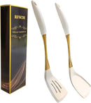 Heat-Resistant Silicone Kitchen Spatula Set – Non-Toxic Cooking Utensils with Solid & Slotted Designs –Food Grade Silicone and Stainless Steel Handles –Ideal for Nonstick Cookware, Gold by CozyNest Decor