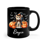 Personalized Ocicat with Pumpkins Halloween Ceramic Cups, Ocicat Wearing Witch Hat Coffee Mug 11oz 15oz, Customized Cat Black Mug with Pet's Name, Halloween Cup Gift for Cat Dad Mom Pet Lover by TinyTreasures Baby Boutique