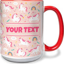 Personalized Mug for Kids - Pink Unicorn - Custom Name/Text, Ceramic Hot Chocolate/Cocoa/Coffee Cup for Girls, Birthday/Christmas/Holiday Gift - 15 oz, Red Handle by TinyTreasures Baby Boutique