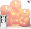 Homemory Flameless Candles with String Lights, 3 Pack Embedded Fairy String Lights LED Candles, Electric Flickering Candles with Remote Control and Timer, Real Wax, Pink by CozyNest Decor