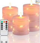 Pink Flameless Candles with String Lights Battery Operated Flickering LED Pillar Candles 4‘’ 5‘’ 6‘’ Candle with Remote Control, Set of 3 by CozyNest Decor