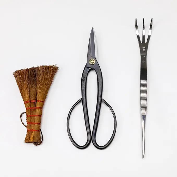 Wazakura Japanese Bonsai Garden 3PCS Tool Starter Kit, Made in Japan, Ashinaga Bonsai Scissors, Stainless Tweezers with Rake, Chinese Broom. Beginner Set with Shears, Tweezers and Soil Brush, photo 3 of 7