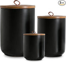 Black Ceramic Canister Set with Wooden Lid, 3-Piece Food Storage Jars for Kitchen Counter, Storage Container for Coffee, Tea, Spice, Sugar, Grains, Salt by CozyNest Decor