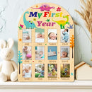 ORIGACH My First Year Baby Growth Photo Display Wood Board - 12 Months Newborn Milestones Photo Board - Neutral Baby Keepsake Board 1st Birthday Party Nursery Decor New Mom Gift - Dinosaur by TinyTreasures Baby Boutique
