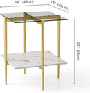 Square Glass End Table, Mid-Century Modern Design Sofa Table, for Living Room, L18 x W18 x H23, Clear Glass Top and White Marble MDF Shelf, Sleek Conical Metal Legs with Gold Finish by CozyNest Decor
