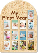 ORIGACH My First Year Baby Growth Photo Display Wood Board - 12 Months Newborn Milestones Photo Board - Neutral Baby Keepsake Board 1st Birthday Party Nursery Decor New Mom Gift - Space by TinyTreasures Baby Boutique
