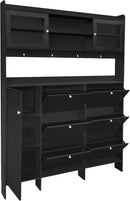Ball & Cast Tipping Bucket 3-Tier Shoe Cabinet with 6 Flip Drawers and Storage Shelf,Entryway Hall Tree with Tempered Glass Doors and 4 Hooks,for Hallway,Mudroom,Living Room,Black by CozyNest Decor