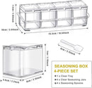 Clear Seasoning Box 4 PCS/Set, Acrylic Seasoning Rack Seasoning Storage Container Condiment Jar Spice Box Spice Jar Spice Pot Spice Rack with Spoon & Lid & Tray for Salt Pepper Sugar (