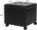 Adeco 17.7" Leather Ottoman with Wheels, Black Square Rolling Ottoman with Storage, Upholstered Button Tufted Vanity Stool with Hinged Lid for Living Room, Bedroom, Dorm by CozyNest Decor
