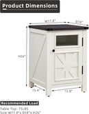 JXQTLINGMU Farmhouse End Table with Charging Station, 18'' Rustic Nightstand with Barn Door & Adjustable Shelf, Wooden Sofa Side Table with 3-Tier Storage for Living Room, Bedroom, White