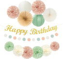 Sage-Green Blush-Pink Birthday Garland Party-Decorations - 14pcs Happy Banner 21st Spring Paper Flowers Lanterns Beige Tissue Pom Poms,Boho Streamers Fans,Neutral Rustic Hanging Supplies Decor Hugfond by CozyNest Decor