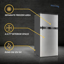 RecPro 4.4 Cu Ft RV Refrigerator | 12V Stainless Steel Fridge with Freezer | Frost-Free, Adjustable Shelves, Built-In Lock, Reversible Door | Off-Grid Ready Camper Fridge with Can Holder by CozyNest Decor