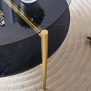 Round Coffee Table for Living Room, Mid-Century Modern Design, D30 x H17, 2-Tier Structure, Grey Glass Top and Black Marble Finish Wood Shelf, Sleek Conical Metal Legs with Gold Finish Frame by CozyNest Decor