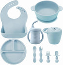 PandaEar Silicone Baby Feeding Set | 9PCS Baby Led Weaning Supplies Self Feeding Utensils | Divided Suction Plate Bowl Bibs Sippy Cup with Baby Snack Container Spoons Forks (Blue) by TinyTreasures Baby Boutique