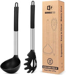 Silicone Pasta Fork and Ladle Spoon Set, Large Non Stick Kitchen Utensils for Cooking,Stirring,Serving Spaghetti, Soup, Sauce (BLACK) by CozyNest Decor