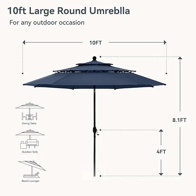 PHI VILLA 10ft Outdoor Patio Umbrellas for Outside, 3 Tier Vented Market Table Umbrella Windproof for Backyard, Deck, Garden, 1.5" Pole, Dark Blue（No Base）, photo 6 of 8