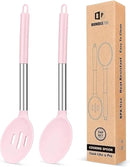 Pack of 2 Large Silicone Cooking Spoons,Non Stick Solid Basting Spoon,Heat-Resistant Kitchen Utensils for Mixing,Serving,Draining,Stirring (PINK) by CozyNest Decor