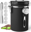 HAIOOU Airtight Coffee Canister, 22OZ Large Stainless Steel Coffee Bean Storage Container with Date Tracker, Measuring Scoop, 6Pcs CO2 Valves and Mini Tongs for Beans, Grounds, Sugar and more - Black by CozyNest Decor