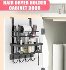 REFLYING Over-the-Door Hairdryer and Styling Tool Organizer, Metal, Black, 3 Compartments, 8 Hooks, 15"H x 10"W x 4.7"D by CozyNest Decor