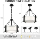 16.3''Black Drum Chandelier 3-Light Modern Farmhouse Chandelier with White Fabric Shade Adjustable Drum Pendant Light Fixture for Dining Room Kitchen Island Hallway Living Bedroom by CozyNest Decor